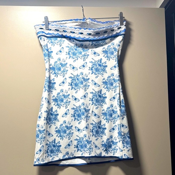 Blue Floral Corset Mini Dress Y2K Toile Strapless Bow Style 💙 - Picture 6 of 9